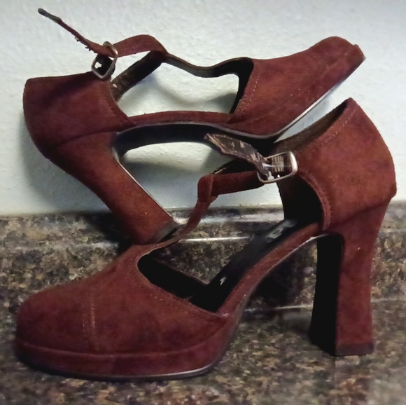 VTG Y2K Mudd Kyrene Brown Velveteen Chunky Mary Jane T Strap Heels Women's 6.5 - Picture 5 of 9